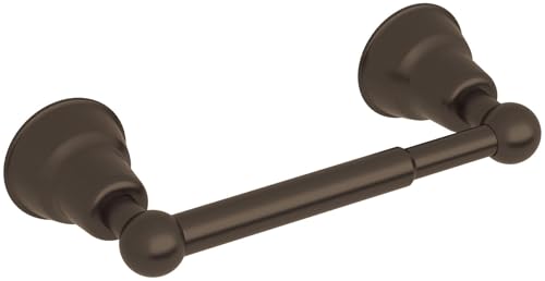 Tuscan brass toilet paper holder with cylindrical rod and decorative wall-mounted end caps.