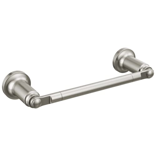 Brushed nickel towel bar with cylindrical mounting flanges on each end, approximately 8 inches wide.