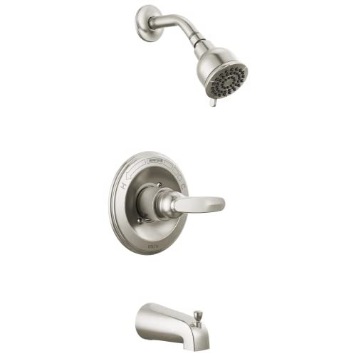 Brushed nickel tub and shower trim set with single-lever handle, spout, and overhead showerhead.