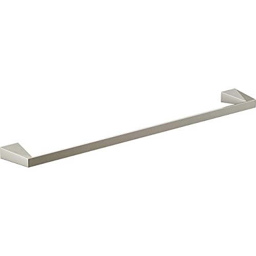 Brushed nickel towel bar with angular mounting brackets on each end.