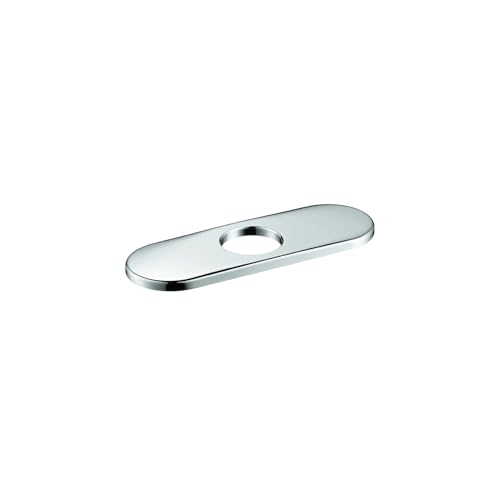Chrome base plate with single center hole for faucet mounting, elongated oval shape approximately 6 inches.