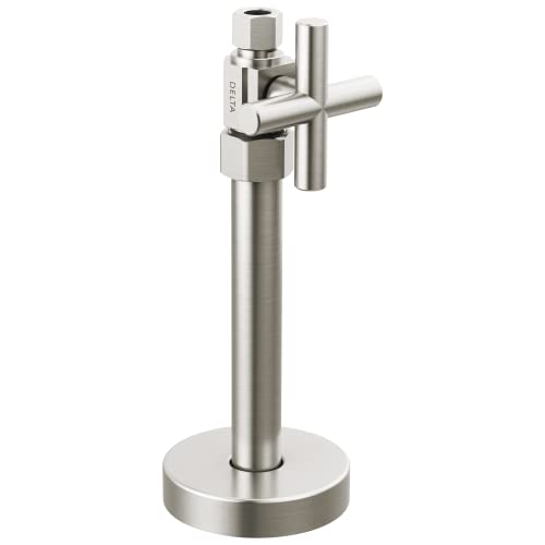 Brushed nickel straight supply stop valve with cross handle and circular base.