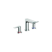 Chrome three-piece widespread bathroom faucet with tall center spout and two lever handles.