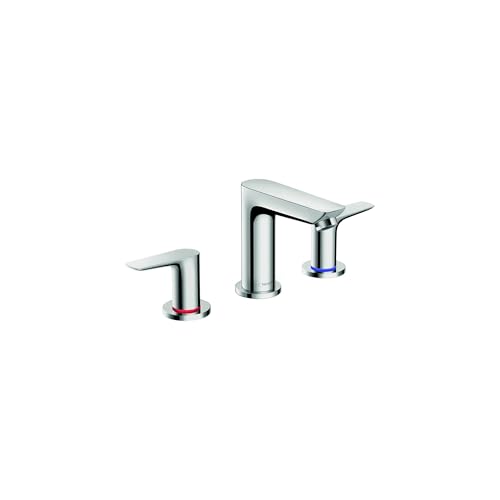 Chrome three-piece widespread bathroom faucet with tall center spout and two lever handles.