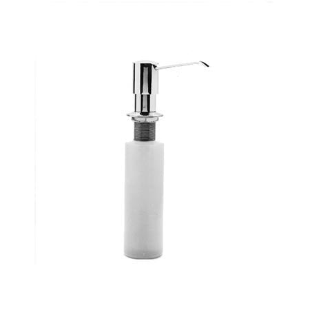Cylindrical white soap dispenser with chrome and bronze pump head and curved spout.