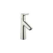 Brushed nickel single-hole bathroom faucet with angled spout and lever handle.
