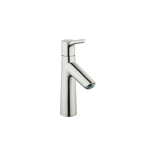 Brushed nickel single-hole bathroom faucet with angled spout and lever handle.
