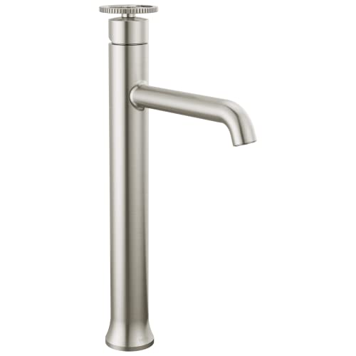 Brushed nickel single-handle vessel bathroom faucet with tall cylindrical spout and wheel handle on top.