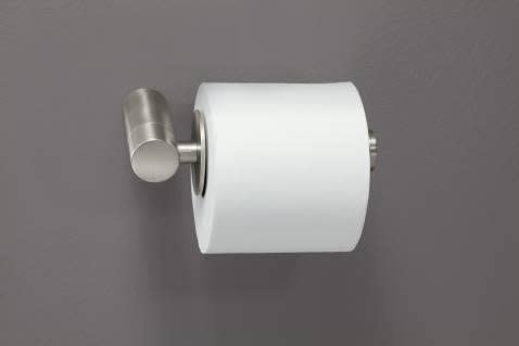 Chrome paper holder with cylindrical roll mounted on wall-mounted bracket against gray background.