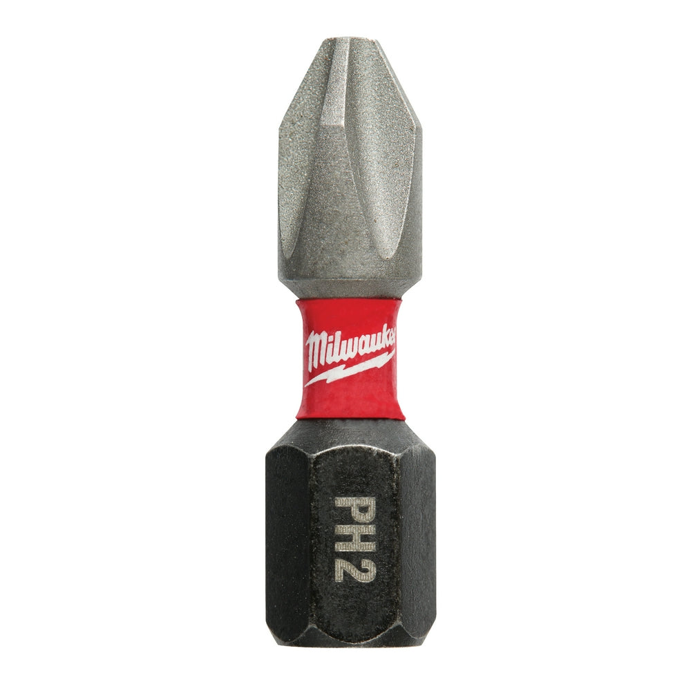 Single Phillips #2 insert bit with gray tip and red Milwaukee branded collar on black hexagonal base.