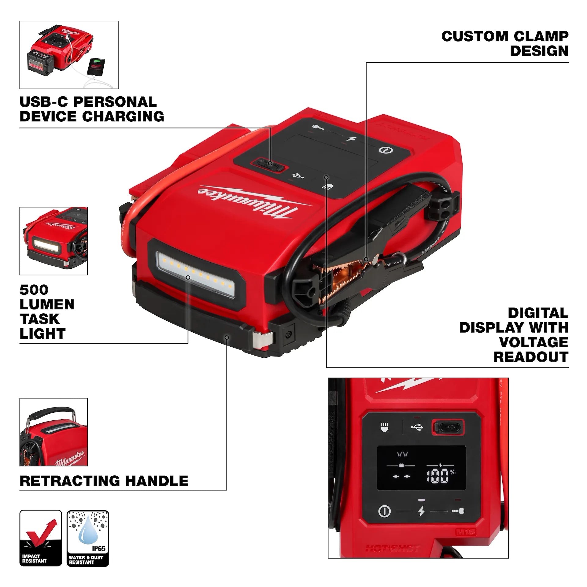 Red and black Milwaukee jump starter with 500 lumen light, custom clamp, retractable handle, digital display, and USB-C charg
