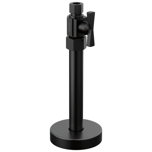 Black straight supply stop valve with lever handle mounted on round base.
