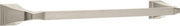 Brushed nickel towel bar with square mounting brackets and decorative finials, 18 inches wide.
