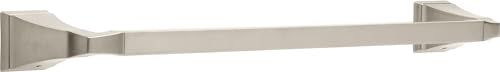 Brushed nickel towel bar with square mounting brackets and decorative finials, 18 inches wide.