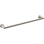 Stainless steel towel bar with circular wall mounts at each end.