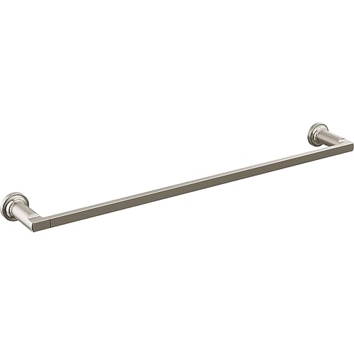 Stainless steel towel bar with circular wall mounts at each end.