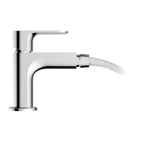 Single-hole bidet faucet with curved spout and detachable spray head in polished chrome finish.