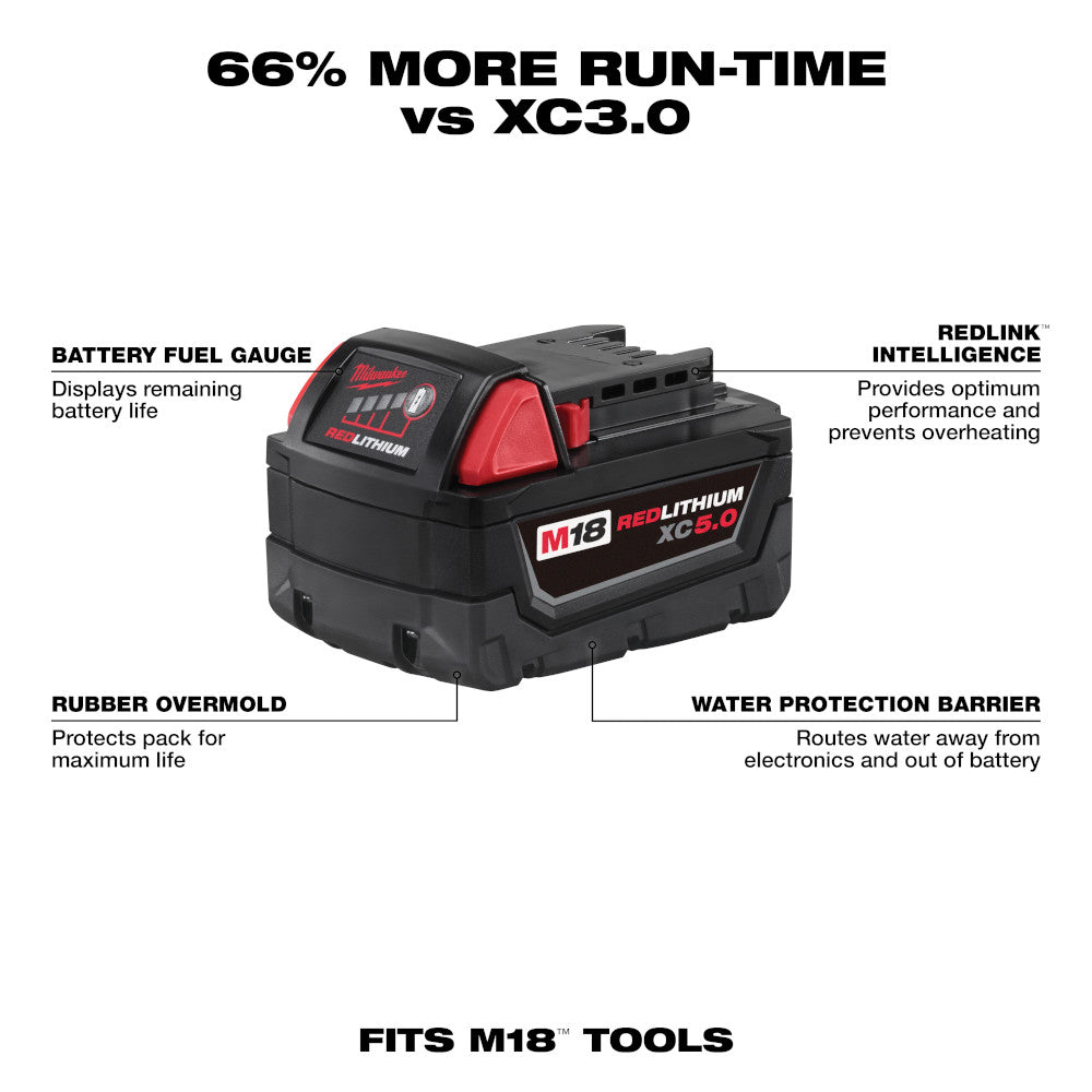 Milwaukee M18 REDLITHIUM XC 5.0Ah battery pack with fuel gauge, black and red design, showing water protection barrier and ru