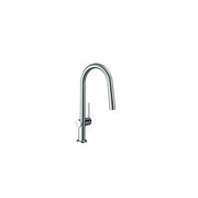Chrome high-arc kitchen faucet with pull-down spray head and single handle.