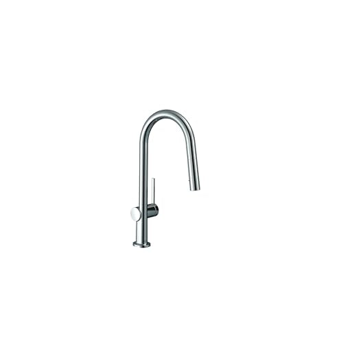 Chrome high-arc kitchen faucet with pull-down spray head and single handle.