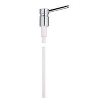 Chrome pump jack dispenser with white plastic tube and angled spout for soap or lotion.