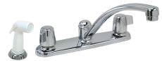Chrome two-handle kitchen faucet with curved spout and detachable spray nozzle.