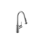 Steel Optic finish kitchen faucet with curved pull-down spout and side lever handle.
