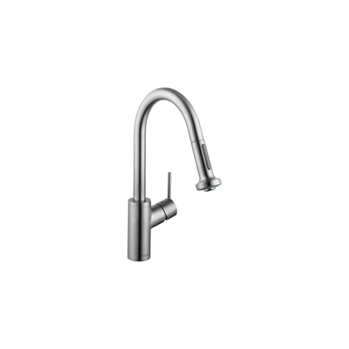 Steel Optic finish kitchen faucet with curved pull-down spout and side lever handle.