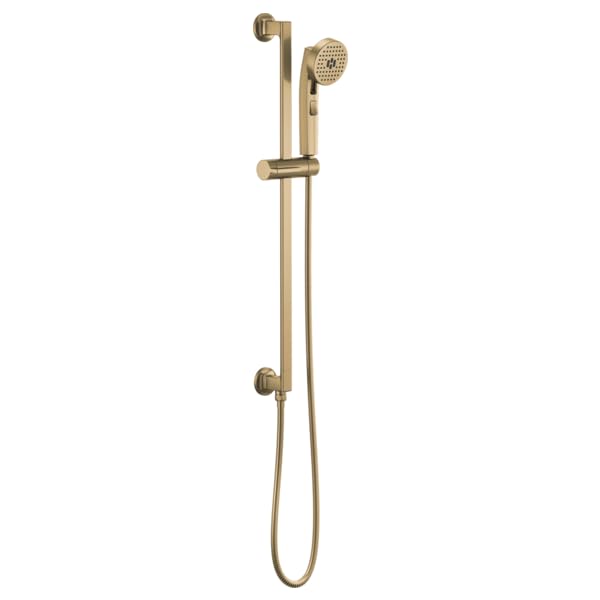 Brass slide bar handshower system with round showerhead, handheld spray, hose, and wall-mounted supports.