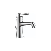 Chrome single-hole bathroom faucet with curved spout and lever handle on cylindrical base.