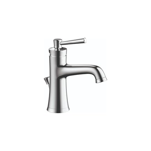 Chrome single-hole bathroom faucet with curved spout and lever handle on cylindrical base.