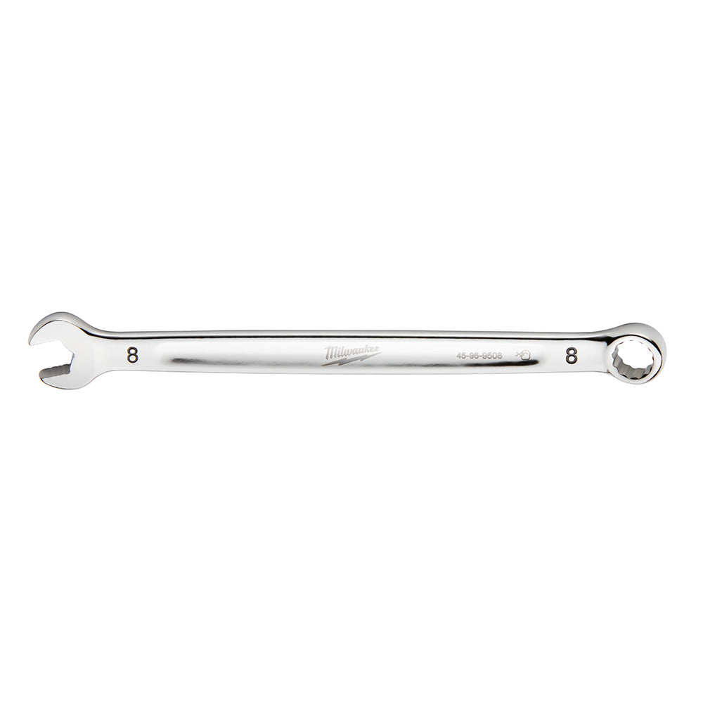 Silver Milwaukee 8MM metric combination wrench with open and closed ends, model number 45-96-9508 printed on shaft.
