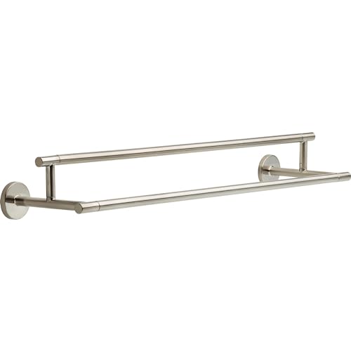Brushed nickel double towel bar with two parallel horizontal rails mounted on circular wall plates.