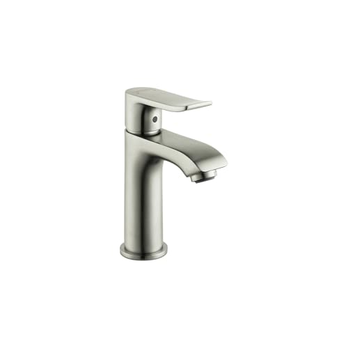 Brushed nickel single-hole bathroom faucet with curved spout and cylindrical handle.
