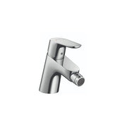 Chrome single-hole bidet faucet with curved spout and side spray attachment.