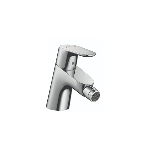 Chrome single-hole bidet faucet with curved spout and side spray attachment.