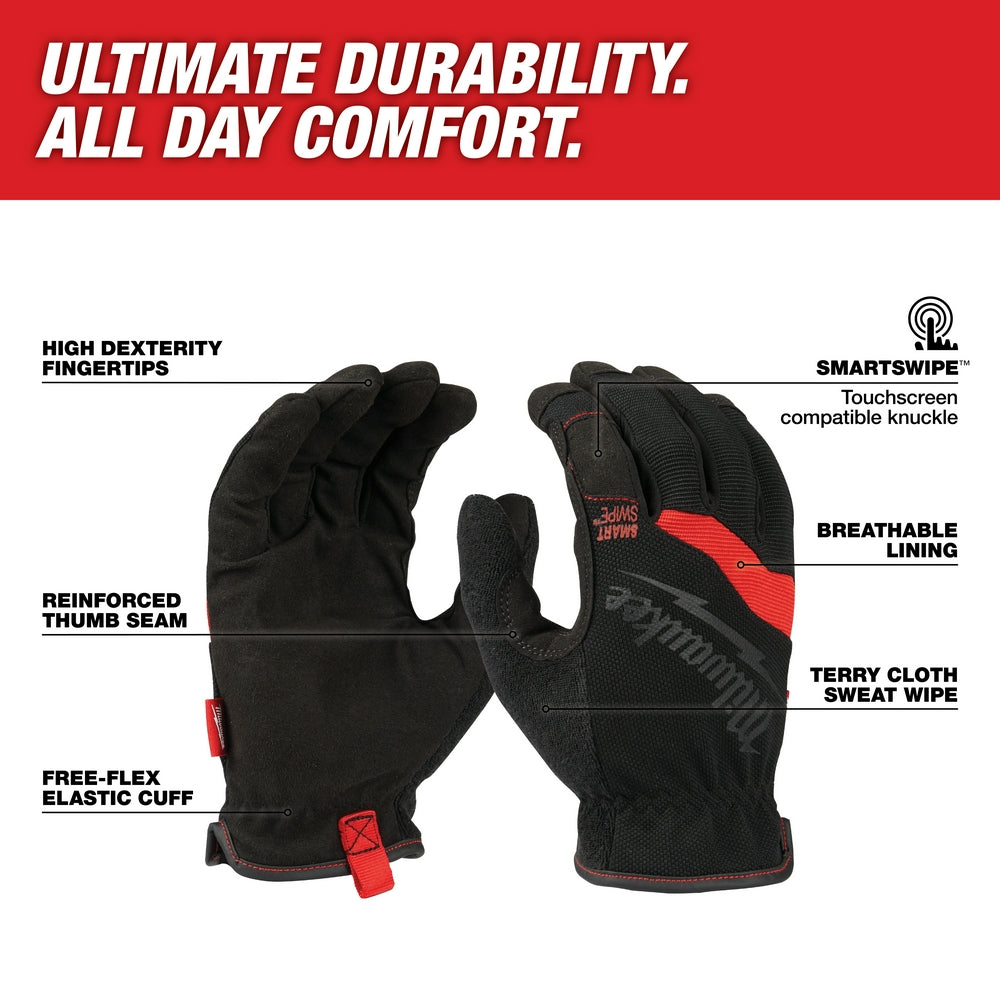 Black work gloves with red accents, touchscreen-compatible fingertips, reinforced thumb seam, and elastic cuff closure.