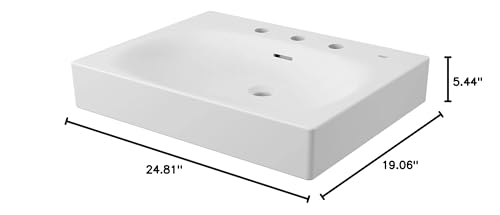 White rectangular wall-mount sink with three faucet holes and dimensions of 24.81" x 19.06" x 5.44".