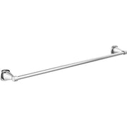 Chrome towel bar with cylindrical rod and round wall-mounted brackets on each end.