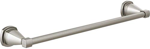 Brushed nickel towel bar with cylindrical handles on each end, 18 inches long.