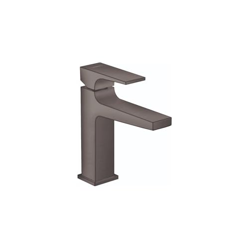 Brushed black chrome single-hole bathroom faucet with tall rectangular body, lever handle, and curved spout.