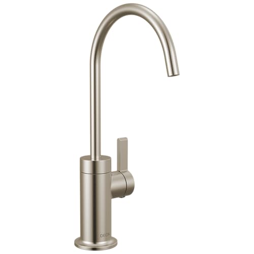 Stainless steel beverage faucet with curved spout and single lever handle on cylindrical base.