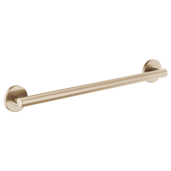 Brushed gold 24-inch linear round grab bar with circular wall mounts on each end.