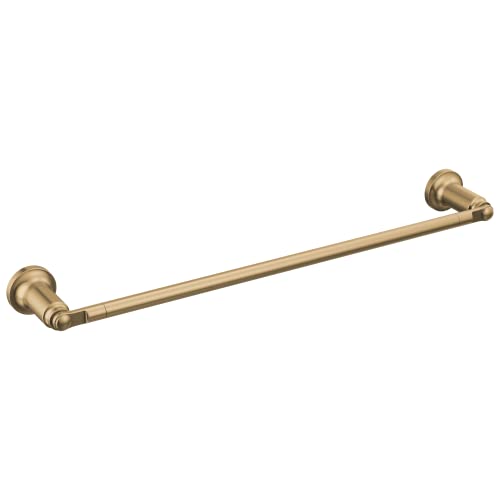 Champagne bronze towel bar with decorative rosette wall mounts on each end.