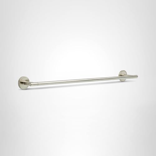 Brushed nickel towel bar with circular wall mounts on each end, approximately 24 inches long.