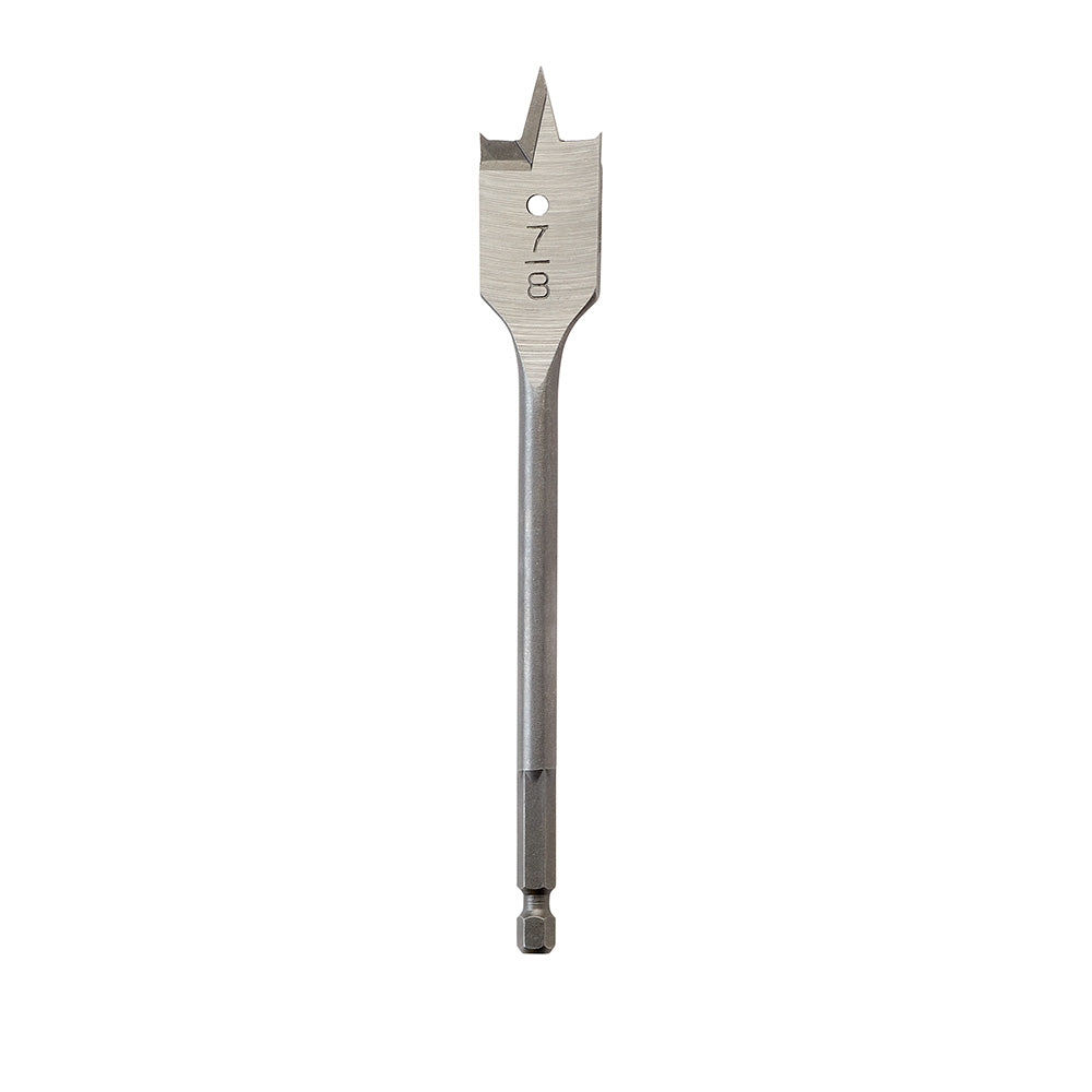 Flat boring bit with 7/8 inch spade head and marked sizing, long metal shaft with hex drive end.