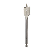 Flat boring bit with 7/8 inch spade head and marked sizing, long metal shaft with hex drive end.