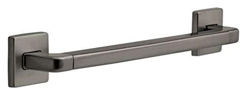 Chrome grab bar with angular design mounted on two square wall plates against white background.