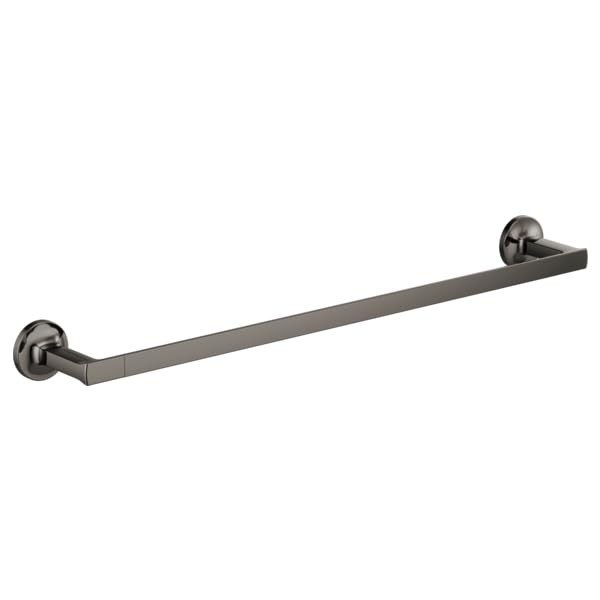 Brushed black metal towel bar with circular wall-mounted supports on each end.