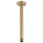 Luxe gold ceiling mount shower arm with round flange and threaded connection point.